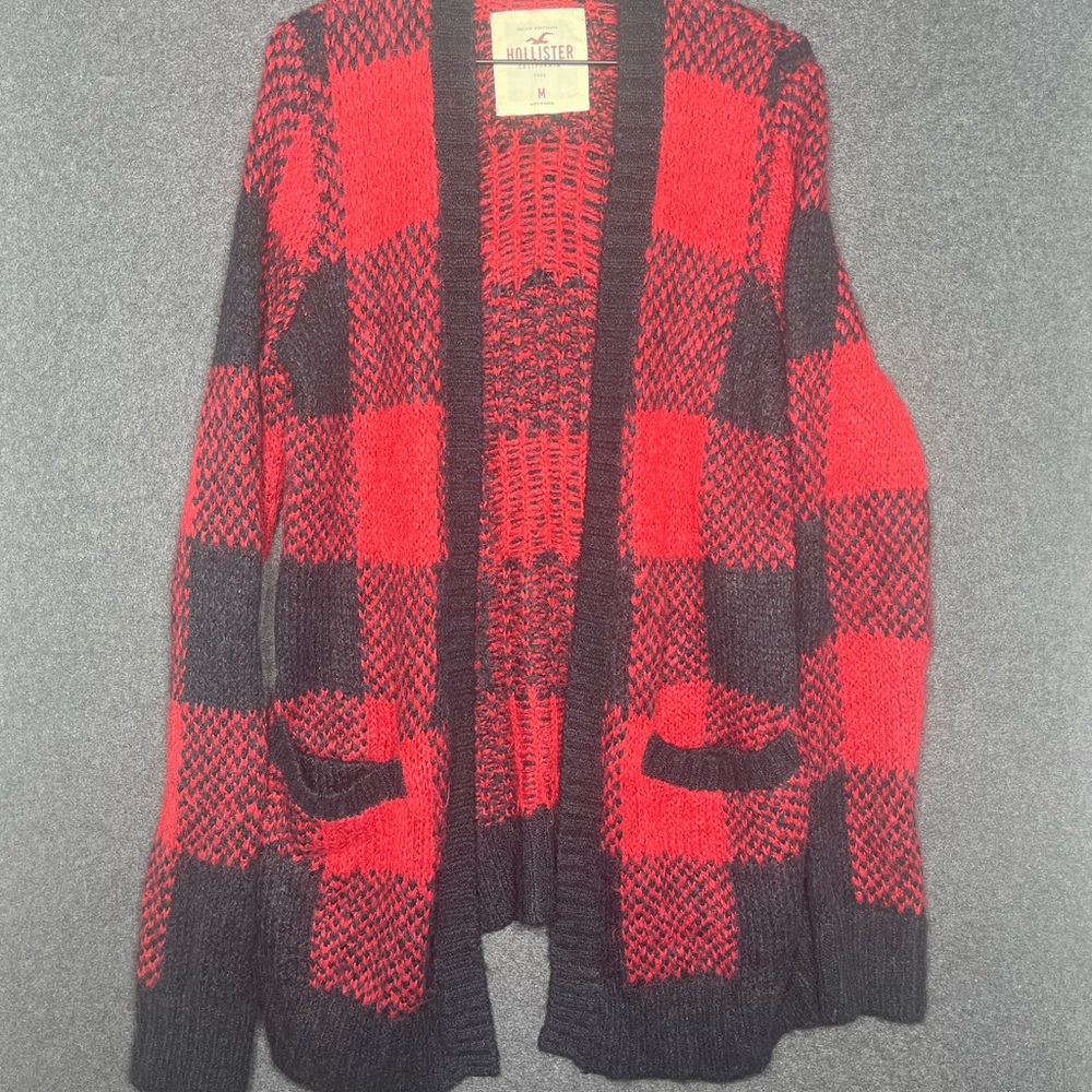 Hollister Red and Black Plaid Cardigan